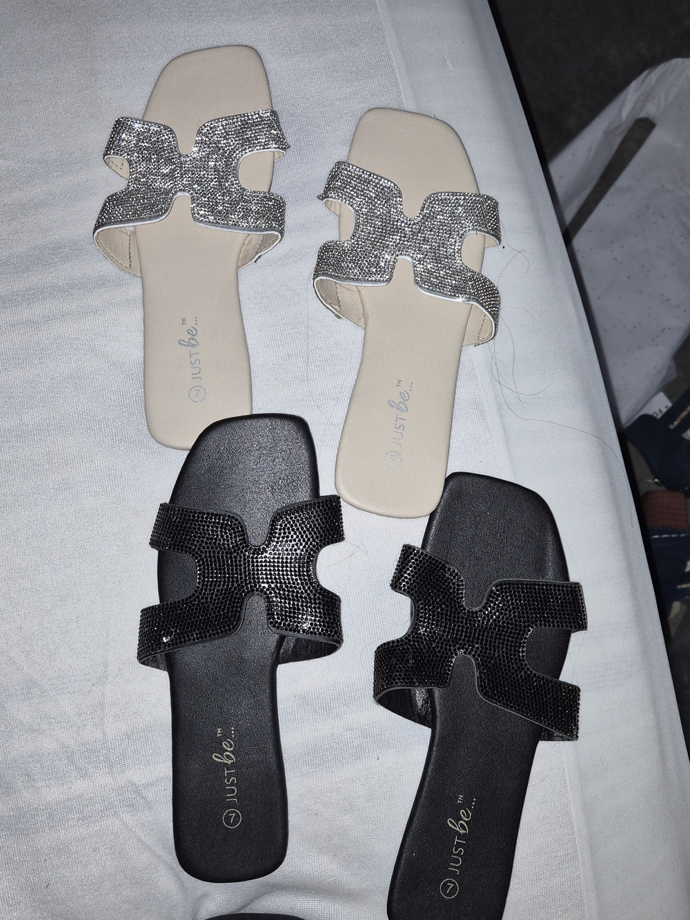 Just Be Rhinestone H Slide Sandals 2 Pair Black Champagne Size 7